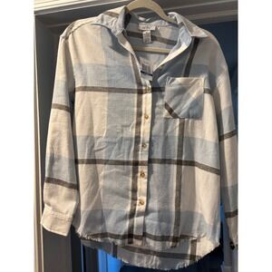 Just Polly Blue White Plaid Frayed Hem Button Down Shirt XS NWT JW16737-MA